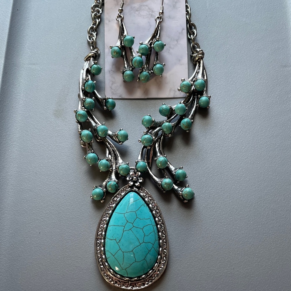 Turquoise and Silver Necklace and Earring Set